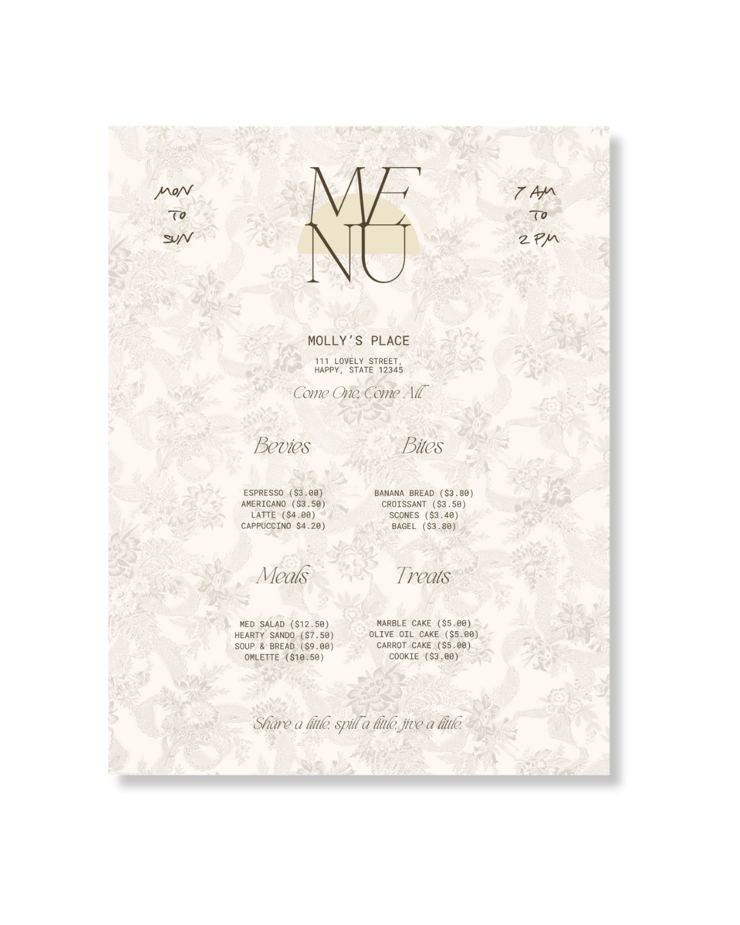 Mollys Place Cafe Menu